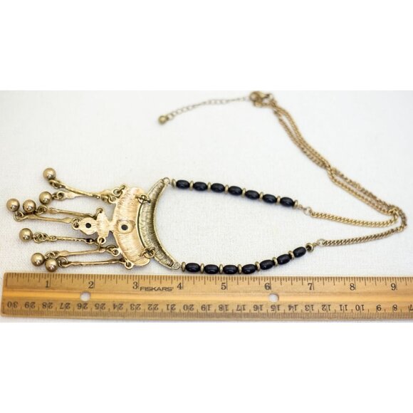 26 inch, Vintage Black Barrel Beads Gold Tone Ball Drop Tassel Necklace - P1 - Picture 3 of 3